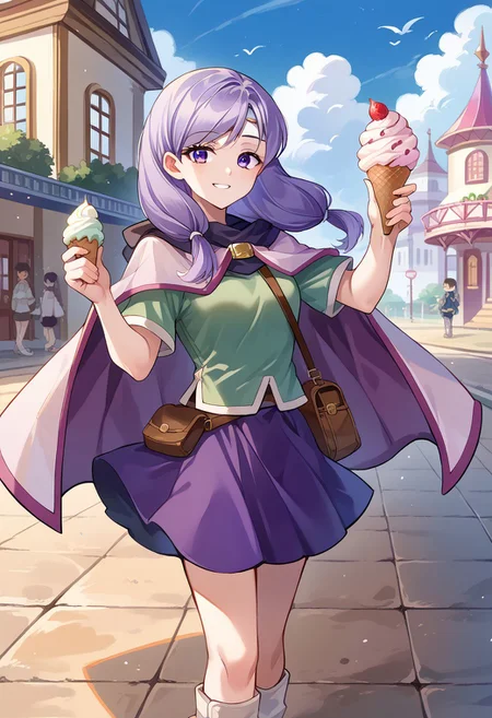 score_9, score_8_up, score_7_up, source_anime, <lora:IlyanaPoRXL:1> ilyanaPoR, lavender hair, bangs, lavender eyes, purple skirt, green shirt, short sleeves, pink capelet, circlet, white footwear, knee boots,smile , holding ice cream, walking and eating, (tourist:1.2) ADDCOMM at the playground ADDROW amusement facilities ADDCOL (lively scene:1.3) ADDCOL in an amusement park BREAK