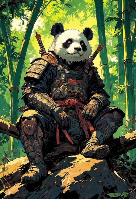 Anthropomorphic panda warrior in a samurai outfit, sitting on a rock in a lush bamboo forest. Highly detailed, cinematic lighting, anime-style shading with strong lines. Fantasy character design with intricate armor and traditional samurai elements. Stylized comic book aesthetic with sharp contrasts and dynamic pose