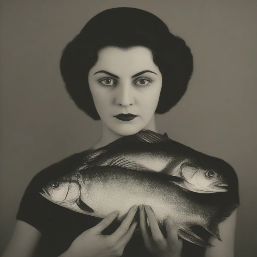 <lora:SDXL_Man_Ray_Style_Sa_May_V4:1> a woman with fish