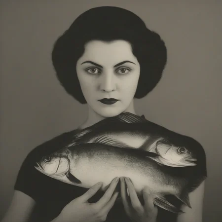 <lora:SDXL_Man_Ray_Style_Sa_May_V4:1> a woman with fish