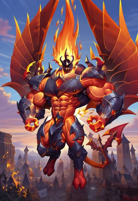 score_9,score_8_up,score_7_up, 1boy, solo, male Focus, Infernal Galio, Fire, Infernal, Demonic, Armor, Partially armored, Abs, Tail, Wings, Helmet, Gauntlets, 3 fingers, 3 toes, Glowing eyes, Burning head, (hyper muscle), broad shoulders, small waist, hyper bulge, flying, flying pose, on sky, Orange sky, Sun, Sun rays, clouds