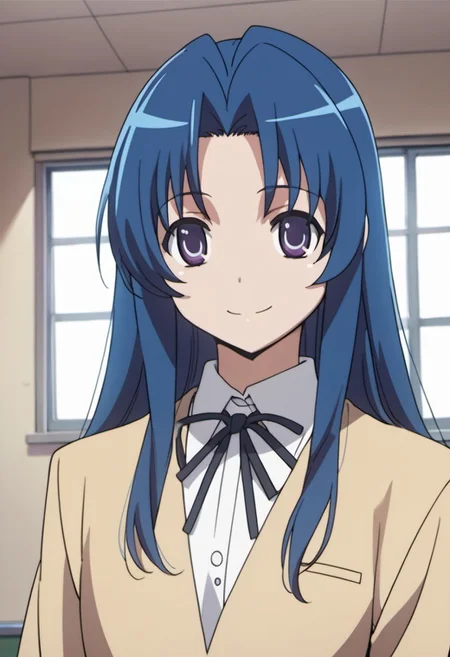 score_9, score_8_up, score_7_up, source_anime, kawashima ami, blue hair, long hair, purple eyes, 1girl, solo, school uniform, oohashi high school uniform, smile, anime coloring