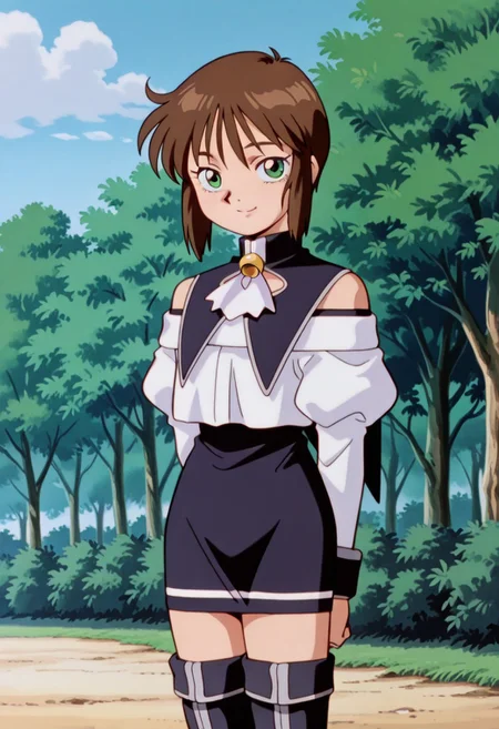 official art,  masterpiece, best quality, absurdres, very aesthetic, 1girl, female focus, solo, AWGXS, anime screenshot, retro artstyle,1990s (style), cel animation, 1girl, female focus, solo,  Natsumi_SN1, green eyes, brown hair, short hair, bangs, sidelocks, short hair with long locks, capelet, neck bell, ascot, off-shoulder shirt, bare shoulders, juliet sleeves, long sleeves,  sleeve cuffs, circle skirt, fold-over boots, thigh boots, zettai ryouiki, cowboy shot, outdoors, fantasy village background, looking at viewer, smile