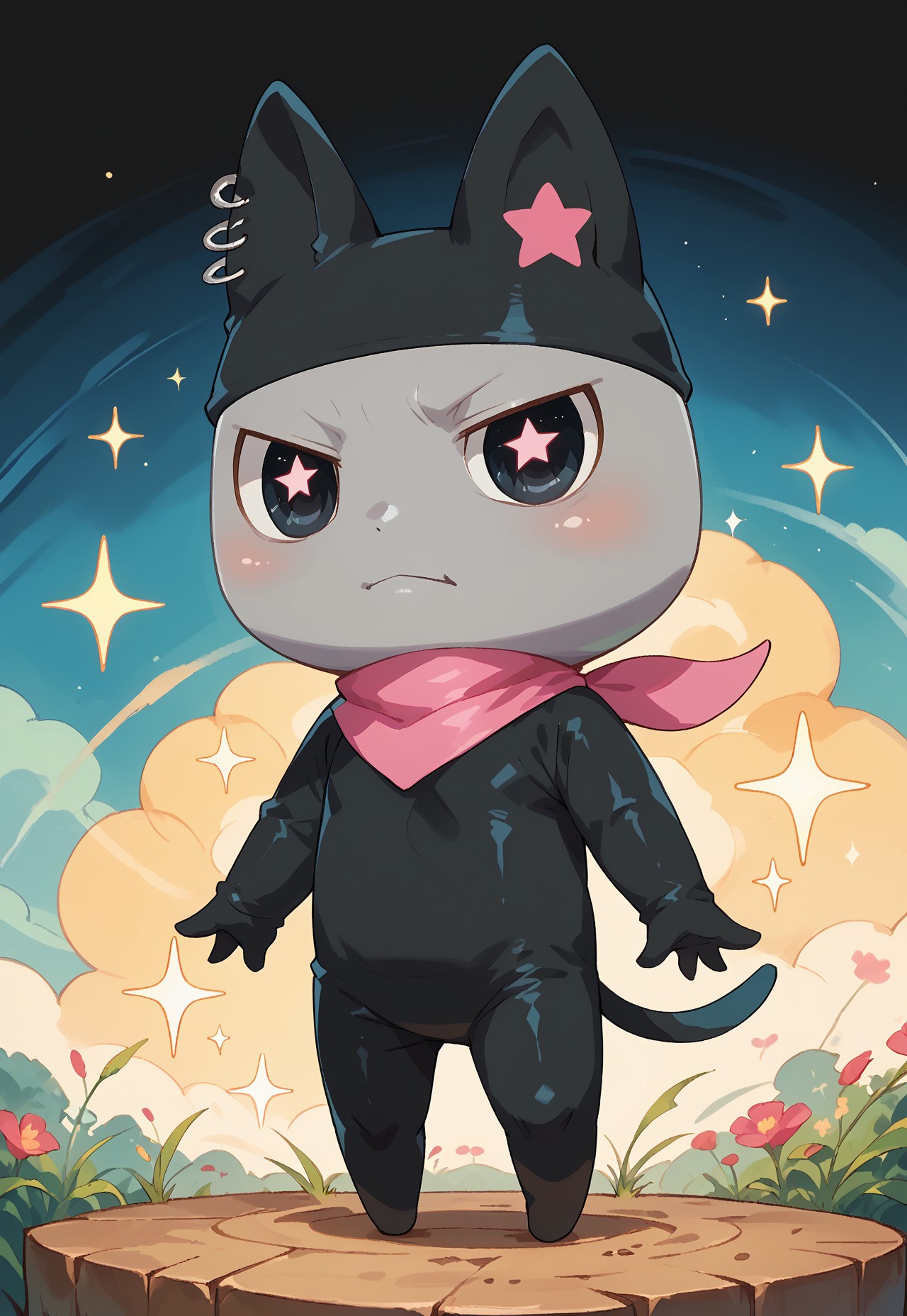 score_9_up, score_8_up, score_7_up, score_6_up, (detailed art style, shiny skin, detailed eyes) chibi, small body, (solo male : 1.1), fullbody, Kuromametchi, grey skin, black cat ears, pink star ear marking, big eyes, black eyes, ear piercings, pink bandana, black bodysuit, sparkle