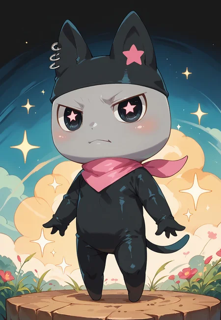 score_9_up, score_8_up, score_7_up, score_6_up, (detailed art style, shiny skin, detailed eyes) chibi, small body, (solo male : 1.1), fullbody, Kuromametchi, grey skin, black cat ears, pink star ear marking, big eyes, black eyes, ear piercings, pink bandana, black bodysuit, sparkle