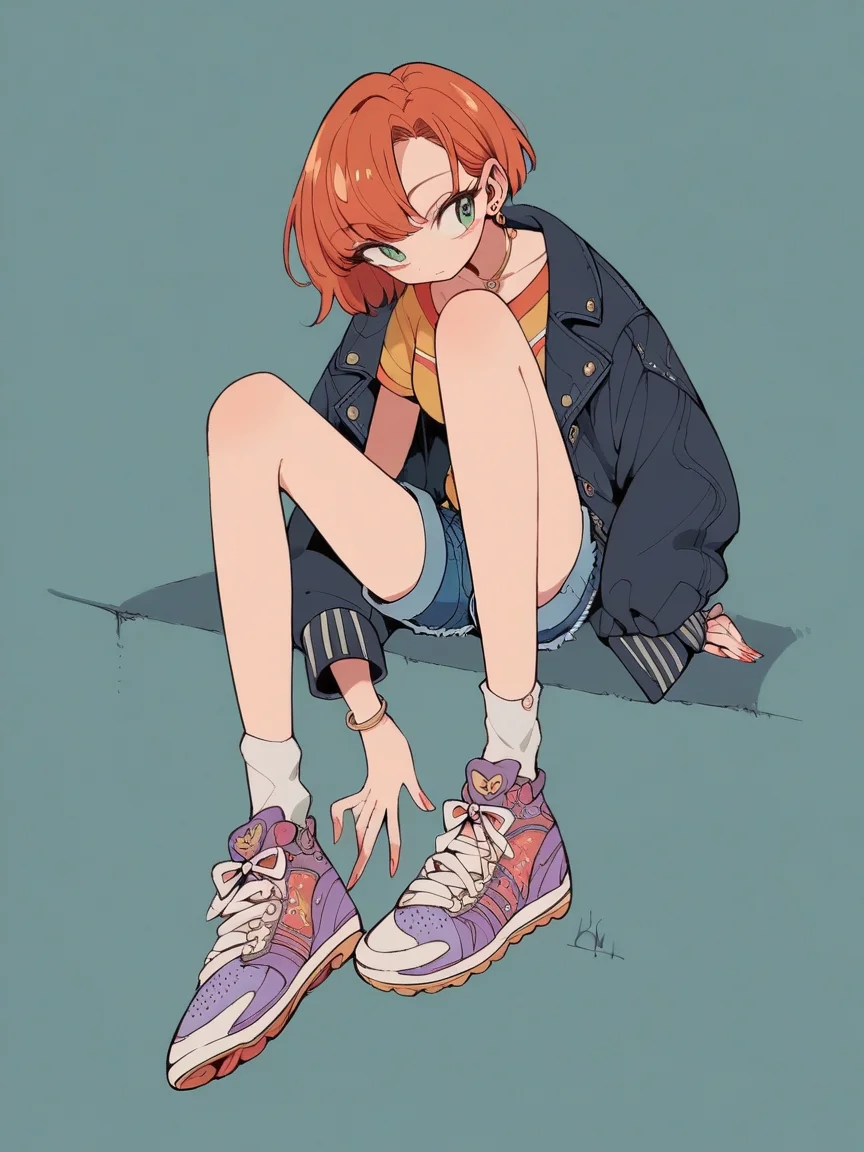 score_9, score_8_up, score_7_up, score_6_up, score_5_up, <lora:k4n3k0y4XLP:1> k4n3k0y4, 1girl, sneakers, jacket, denim shorts,