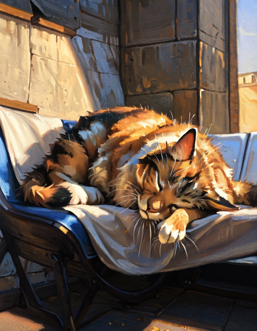 oil painting,
best quality, masterpiece, newest, absurd res, hi res, very awa,
solo, 1boy, domestic cat, closed eyes, (feral:1.1), close up, outside, on white chair, sleeping in the midday sun,
<lora:Traditional_Art_v2.5-000010:1>âââ <lora:Disney_Animation_v5-V7:0.45>