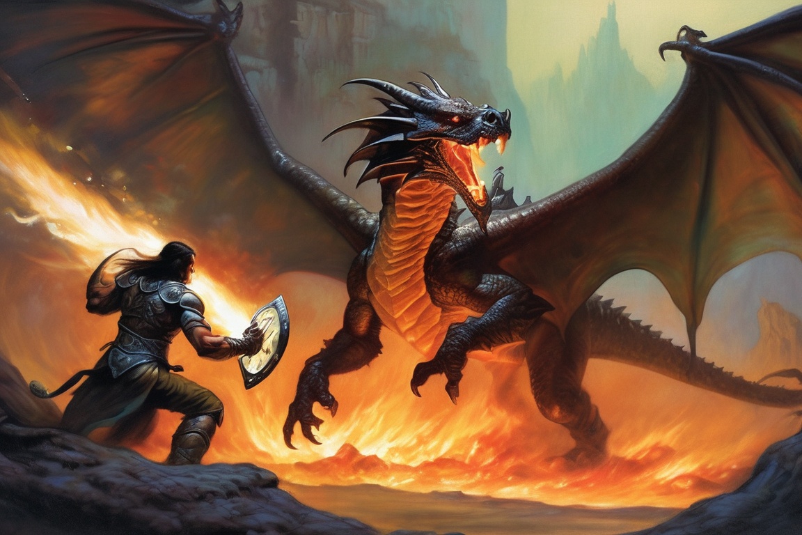 a dragon breathes fire at a warrior with raised shield, deflecting fire, jungle background, very detailed, sharp focus, magic the gathering, 8 k, intricate, dramatic  <lora:Fantasy_art_XL_V1:0.75> stunning fantasy art by boris vallejo