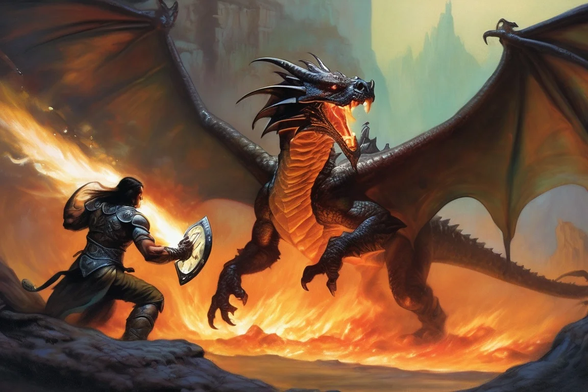 a dragon breathes fire at a warrior with raised shield, deflecting fire, jungle background, very detailed, sharp focus, magic the gathering, 8 k, intricate, dramatic  <lora:Fantasy_art_XL_V1:0.75> stunning fantasy art by boris vallejo