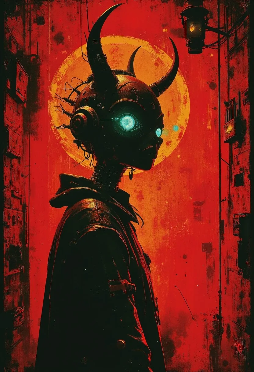 Full length view. Small demonic very evil robot, porcelain face and head, evil turquoise eyes, best quality. In the style of Stephen Gammell, Frank Frazetta. Ashley Wood is a masterpiece. Best quality. A beautiful cinematic impressionistic painting. Giger, Jean-Baptiste Monge, Karol Buck, Carn Griffiths, dark scarlet background,
chemiluminescence. fairytale background) (Minimalism:1), original details. Ideal body anatomy. Symbolism, Colorful, Polished, Intricate; UHD. professional sinister concept art. Oil on canvas, Raphael, Caravaggio, Greg Rutkowski, Beeple, Beksinski, Giger, Ultra HD, Realism, Vivid colors, high detail, UHD image, pen and ink,
perfect composition.