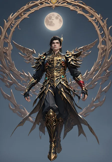 (super detailed beautiful gentle face), expressiveH, focus on face, score_9, score_8_up, score_7_up, shihao, 1boy, solo, black hair, armor, gold eyes, slim toned male. create a stunning full body plot image of an fantasy adult hero in epic godlike flying pose, designed in an ultra-detailed, realistic art style. The hero is against the rooftops of a shadowy city under a full moon, with mist rolling through the streets below. The image should capture the essence of strength, beauty, and power, with dramatic lighting that accentuates the character's features and presence.