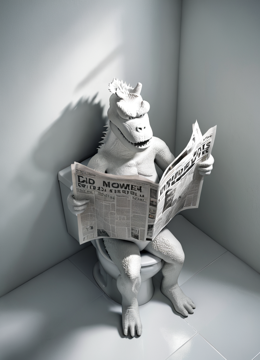 godzilla, reading newspaper on the toilet, 3d, render, white, 3d shadows, abstract, from above,
 <lora:3DPrintingXL:0.8> WhiteMold,