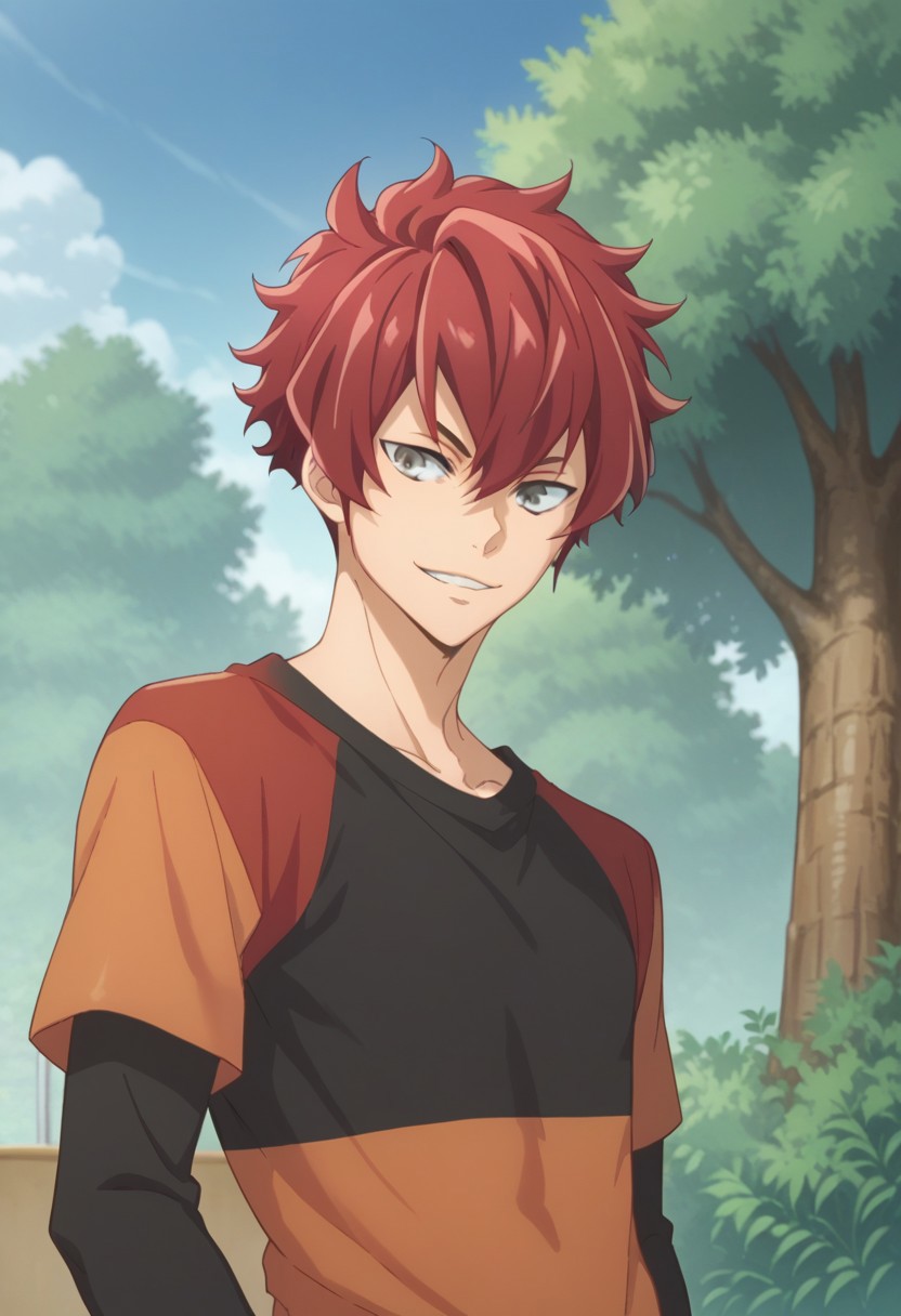 score_9, score_8_up, score_7_up, source_anime, highly detailed, 
kensei, 1boy, male focus, red hair, solo, grey eyes, shirt, t-shirt, short over long sleeves, orange shirt,
red shirt, black shirt, smile, 
outdoor, sky, cloud, tree