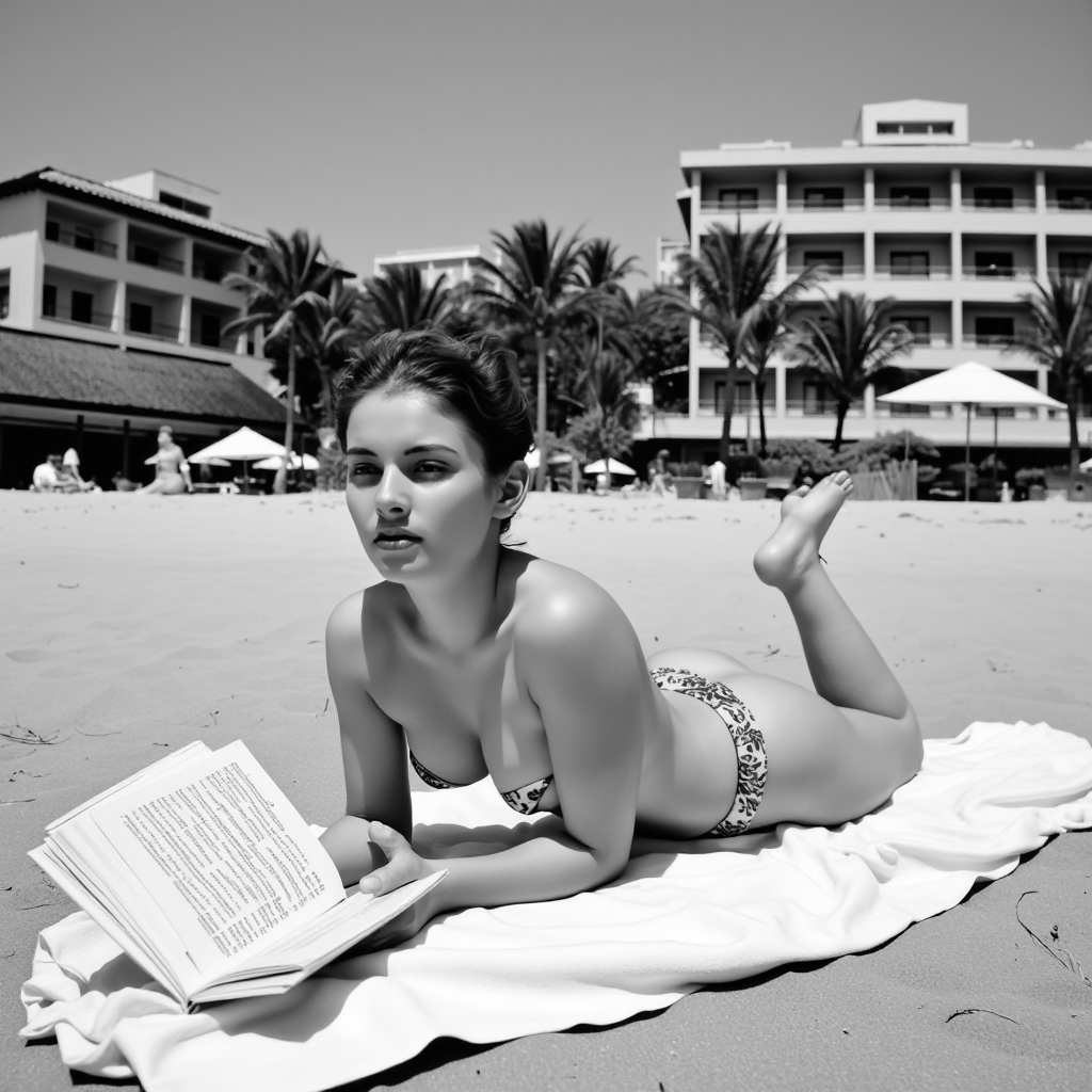 V1nt4g3. This black and white photograph captures a young woman lounging on a beach. She is topless, lying on a towel that's spread on the sand. Her physique is slender and athletic, with small to medium-sized breasts. She has fair skin and her hair is styled in a simple, casual manner, possibly tied back. She is wearing a bikini bottom that has a pattern, but it's not visible in detail due to the monochrome image. The woman is holding an open book with a music sheet visible, suggesting she is reading or possibly playing music.

In the background, there are several buildings, including a hotel or apartments, indicating a resort setting. The buildings have multiple floors and a Mediterranean architectural style. Palm trees and some beach umbrellas are visible, contributing to the tropical ambiance. A few people can be seen in the background, including a woman sitting under an umbrella on the left side of the image, and another figure further back.