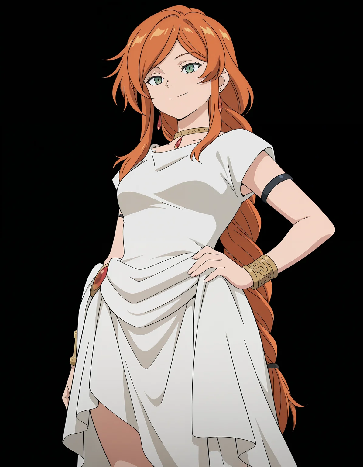 <lora:Flamme Illu:1>fl4mme, orange hair, green eyes, braided ponytail, earrings,
white dress, short sleeves, single armlet, bracelets, necklace,
standing, smile, one hand on hip,
anime screenshot,
simple background, black background,, masterpiece, best quality, amazing quality
