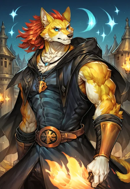 score_9, score_8_up, score_7_up, score_6_up, score_5_up, score_4_up, solo, anthro, muscular, male, hybrid fusion, yellow body, white body, blue eyes, cat eyes, wolf ears, cat head, medium hair, red hair, white highlights, bangs, fantasy, medieval, jacket, shirt, cloak, fantasy class, thief, warrior, mage, monk, necklace, earrings, cowboy shot, night, darkness