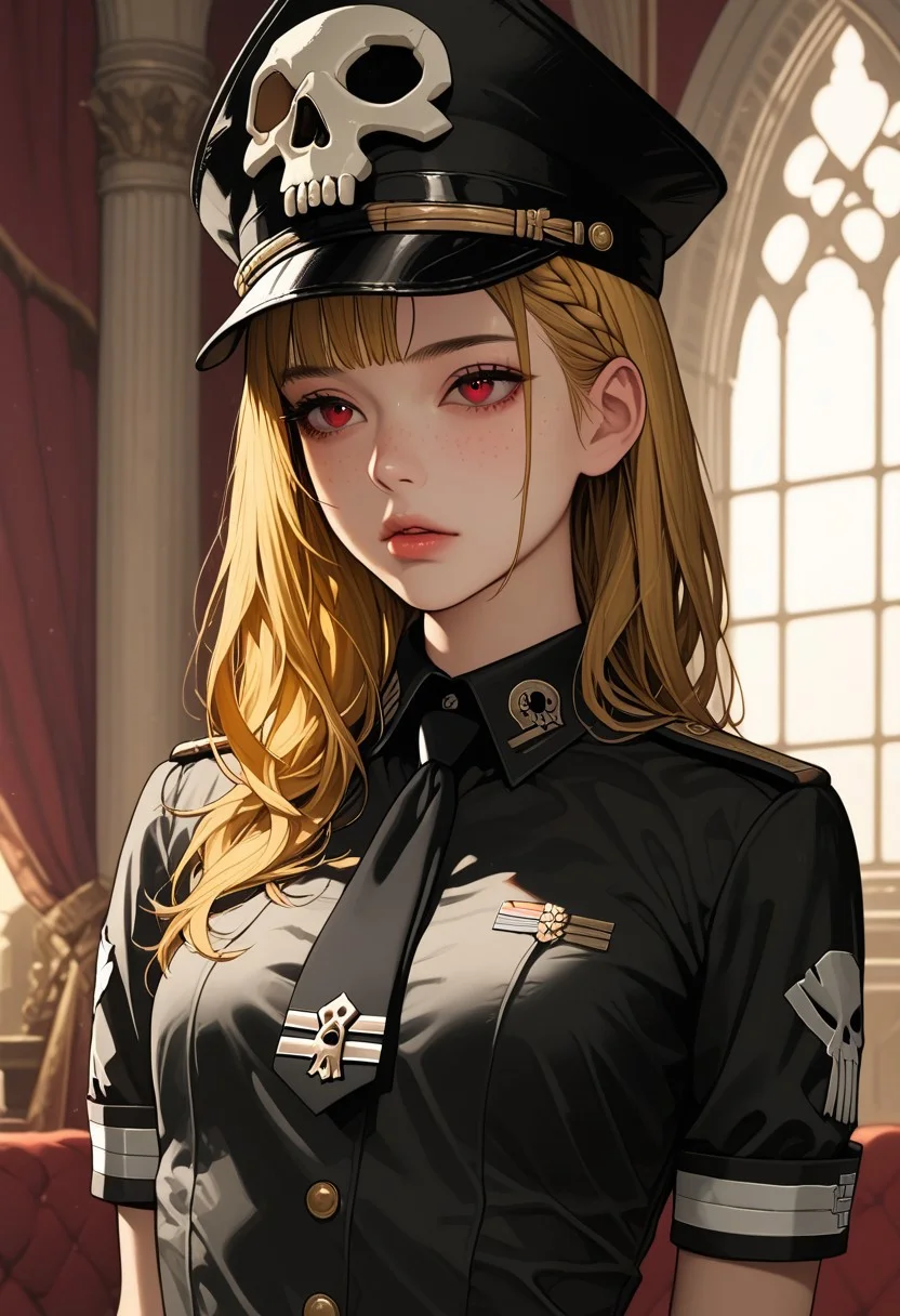 long length hair, golden hair, crown braid, half up and down hairstyle, bright red eyes, oval face, sun-kissed skin with a sprinkling of freckles, slim body, medium high, expressive eyebrows, full lips, small breast, detailed background,
skull hat ornament, uniform, military uniform, black uniform, hat, cap, black cap, armband, collared shirt, black necktie,, indoors, hands behind back, cowboy shot,
