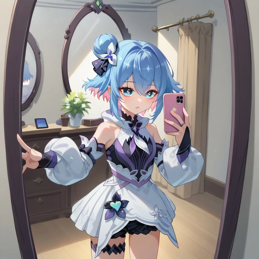 Expressiveh,1girl, thin body, slim, kikipttk, blue hair, blue eyes, short hair, pink hair, hair between eyes, hair bun, bare shoulders, hair ornament, white dress, long sleeves, detached sleeves, puffy sleeves, bridal gauntlets, thigh strap, mirror, room, standing, holding phone, selfie, solo, hand on own hip, score_9, score_7_up,anime coloring ,source_anime, anime, anime screencap, infront of view