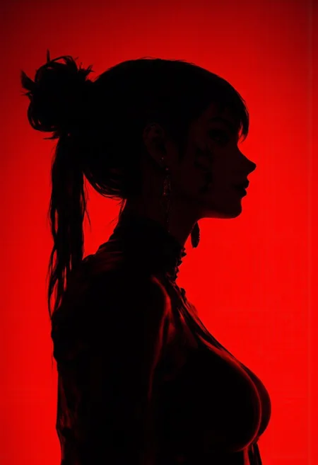 The woman is depicted facing right.
Her hair is dark, styled in a loose, messy bun with a few strands hanging down,
her face and neck tattoos. , covering parts of her cheek and neck with dark, detailed designs, including various shapes and symbols.
She has multiple ear piercings, including a stud and a hoop, as well as a small barbell piercing on her cheek near her lip.
The woman is dressed in a high-necked, dark outfit that merges with the deep shadows, enhancing the focus on her face and tattoos.
The background is a vibrant, solid red, which contrasts sharply with her dark silhouette, creating a bold, intense visual effect