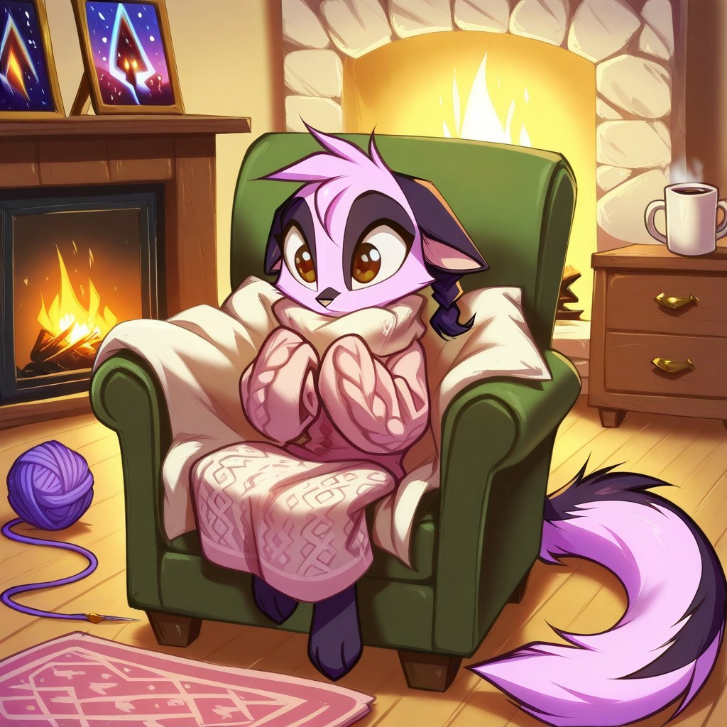 Dreamkeepers,1girl,Prelude_Vi,solo,furry,tail,source_furry,hazel eyes,
child, kid, 
knitting_needles, yarn_ball, blanket, armchair, fireplace, slippers, wool, pattern_book, A cozy evening by a crackling fireplace, someone curled up in an armchair, needles clicking as they knit rows of a soft blanket. Yarn roll slightly on the floor, a coffee mug steams on a side table, and a pattern book lies open nearby