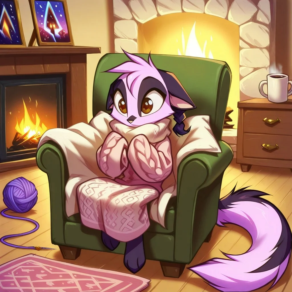 Dreamkeepers,1girl,Prelude_Vi,solo,furry,tail,source_furry,hazel eyes,
child, kid,
knitting_needles, yarn_ball, blanket, armchair, fireplace, slippers, wool, pattern_book, A cozy evening by a crackling fireplace, someone curled up in an armchair, needles clicking as they knit rows of a soft blanket. Yarn roll slightly on the floor, a coffee mug steams on a side table, and a pattern book lies open nearby