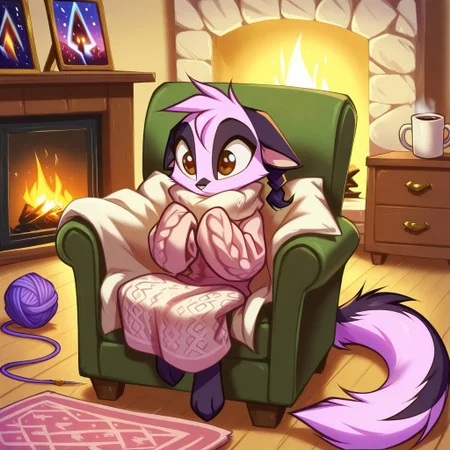 Dreamkeepers,1girl,Prelude_Vi,solo,furry,tail,source_furry,hazel eyes,
child, kid,
knitting_needles, yarn_ball, blanket, armchair, fireplace, slippers, wool, pattern_book, A cozy evening by a crackling fireplace, someone curled up in an armchair, needles clicking as they knit rows of a soft blanket. Yarn roll slightly on the floor, a coffee mug steams on a side table, and a pattern book lies open nearby