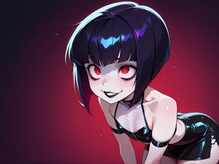 1girl, human, pale gray skin, petite and thin, jet-black bob haircut, violet eyes, mesh top, short leather skirt, fishnets, black lipstick, rolling eyes 
 <lora:Darkfire_Kansen:1>