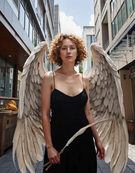 Art by Linda Delahaye. A surreal digital painting of a woman with large feathered wings, standing in an urban city street. the woman, who appears to be in her mid-twenties, has curly blonde hair and is wearing a sleeveless black dress that reveals her bare shoulders. she has a serious expression and is holding a long, feather-like staff in her right hand. the background features tall, modern buildings with glass windows, and the woman is positioned in the middle of the image, with her wings spread wide, giving the impression of an angelic figure. the artwork is highly detailed and realistic, with a focus on the woman's expression and the feathers of her wings.