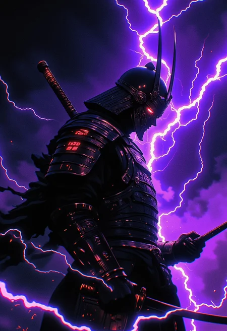 A dark-faced samurai warrior with glowing red eyes, wearing traditional samurai armor, his face partially obscured by a menacing mask, standing in a stormy battlefield. He is charging his ultimate ability, with intense purple lightning crackling around his body, creating a powerful aura. The scene is dramatic, with lightning strikes in the background and energy radiating from the warrior, photorealistic, photorealism, 50mm, medium shot, 8K resolution, HDR, dark and moody lighting, hyper detailed, high resolution, flawless anatomy.