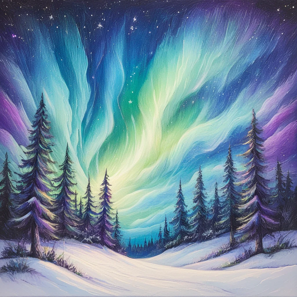ArsMJStyle, Oil Pastels ,<lora:Oil_Pastels:1>, <lora:add-detail-xl:1.2>  Northern lights over snowy landscape, streaks of vibrant greens and purples in night sky, soft blending for aurora effect, textured snow using white and blue pastels, silhouette of pine trees, starry background