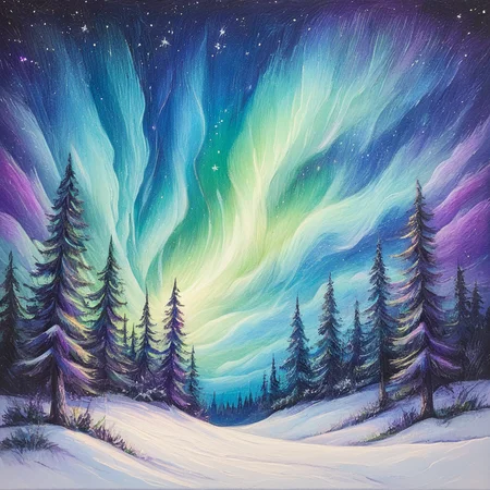 ArsMJStyle, Oil Pastels ,<lora:Oil_Pastels:1>, <lora:add-detail-xl:1.2> Northern lights over snowy landscape, streaks of vibrant greens and purples in night sky, soft blending for aurora effect, textured snow using white and blue pastels, silhouette of pine trees, starry background