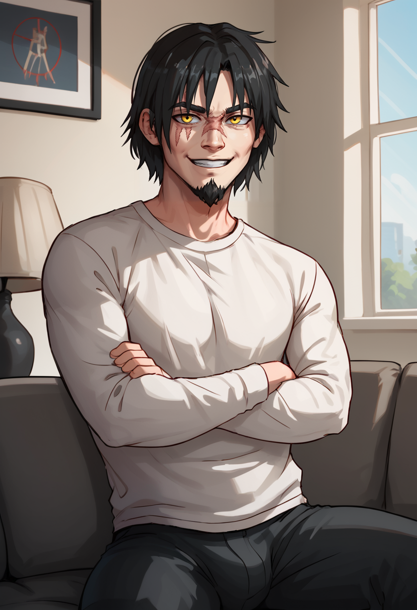 score_9, score_8_up, score_8,    <lora:rey:0.8> 1boy, r3y, solo, male focus, facial hair, black hair, goatee, scar, yellow eyes, sitting on couch, smile, living room, window,
