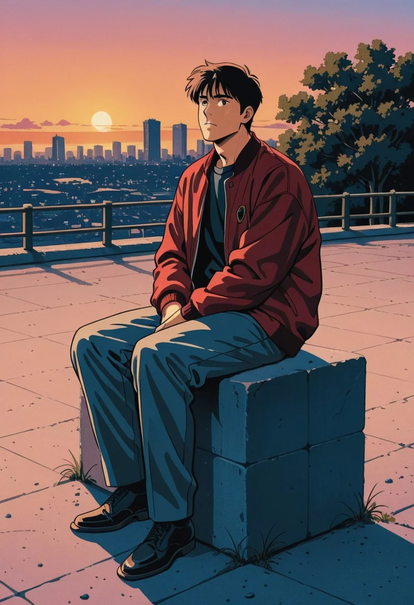 A thoughtful teenager in a red jacket sits on a concrete block, staring toward a golden urban skyline at sunset. The park around him is lush and still. Art style: cinematic anime with high-gloss textures and lush lighting reminiscent of Makoto Shinkai’s work (Your Name), blending realism with warm, emotional tones and meticulous background painting.