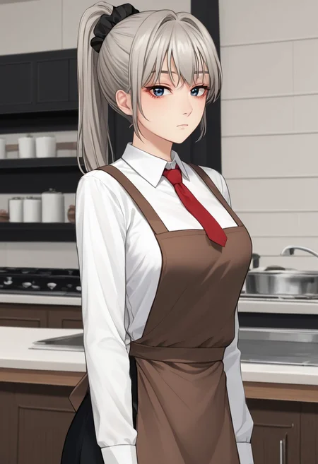 score_4,score_5,score_6,score_7_up,score_8_up,score_9
((masterpiece,best quality,ultra detailed,highres,HD,4k:1.2)),
(medium breast,:1.2),1 cute girl,solo,
Silver hair, blue eyes, ponytail, black scrunchie,
white shirt, long sleeve shirt, red tie, black skirt, apron, brown apron,
expressionless,