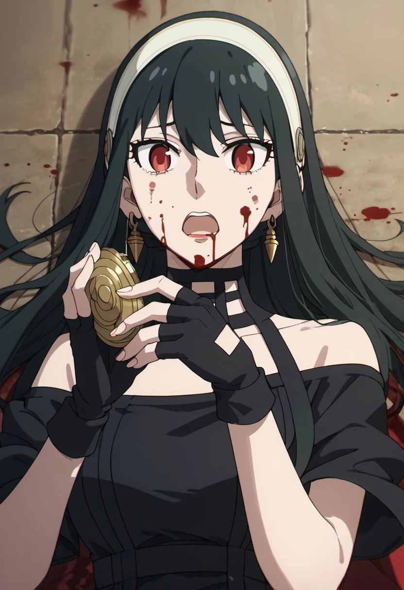 score_9, score_8_up, score_7_up, source_anime, yor briar, black hair, long hair, red eyes, 1girl, blood, blood on face, gloves, holding, phone, fingerless gloves, black gloves, hairband, open mouth, sidelocks, black dress
