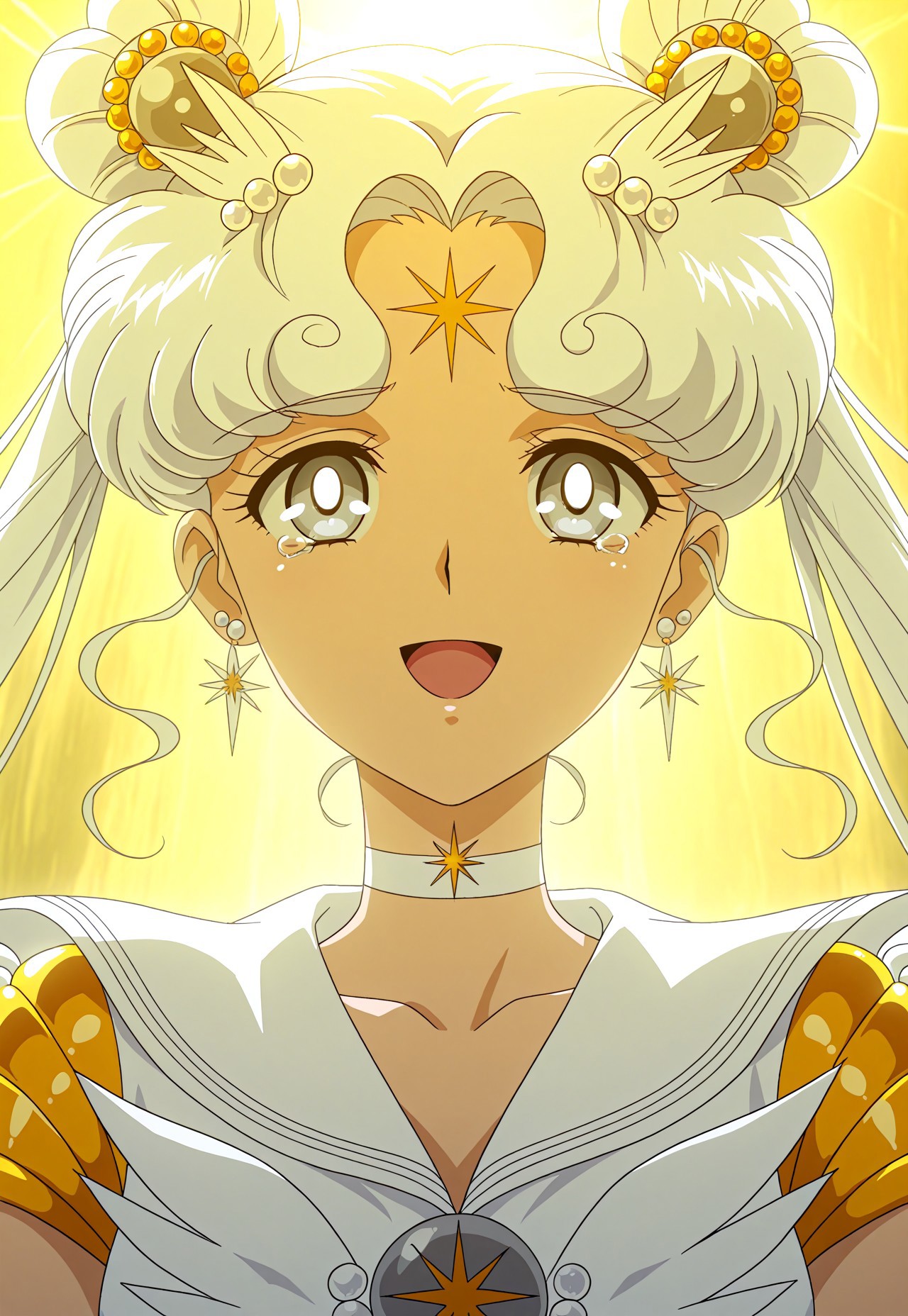 masterpiece, best quality, Sailor Cosmos, 1girl, solo, choker, white choker, sailor collar, white sailor collar, brooch, jewelry, sailor senshi uniform, magical girl, double bun, twintails, hair bun, white hair, forehead mark, facial mark, long hair, backlighting, smile, hair ornament, earrings, upper body, anime coloring, grey eyes, open mouth, tears