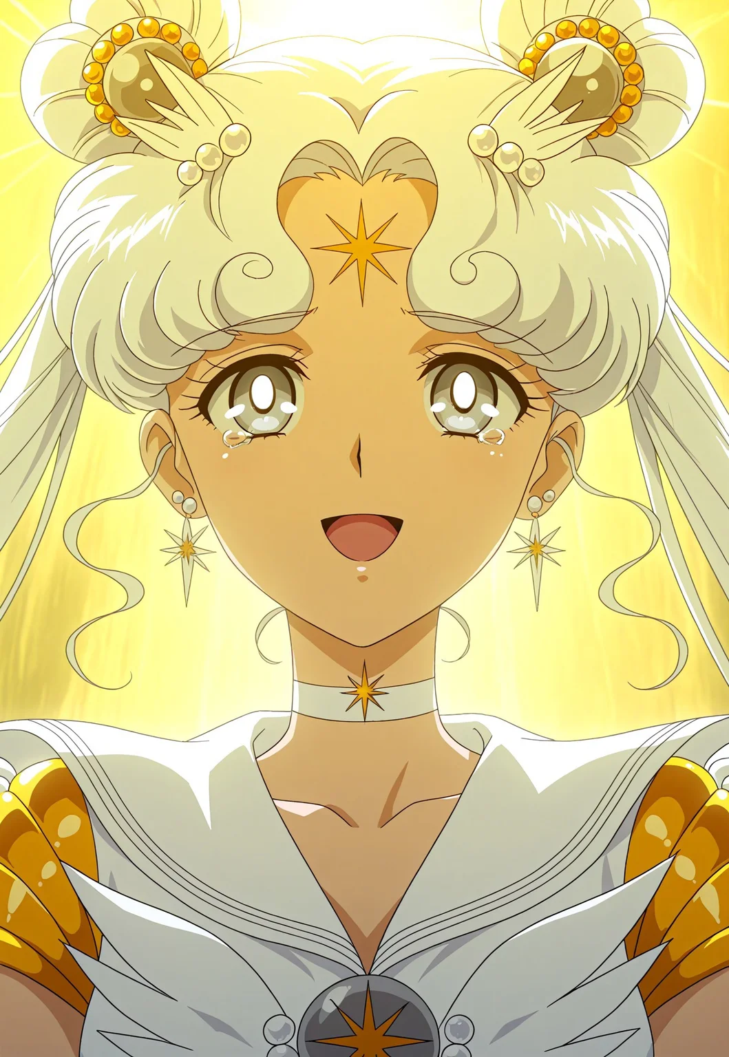 masterpiece, best quality, Sailor Cosmos, 1girl, solo, choker, white choker, sailor collar, white sailor collar, brooch, jewelry, sailor senshi uniform, magical girl, double bun, twintails, hair bun, white hair, forehead mark, facial mark, long hair, backlighting, smile, hair ornament, earrings, upper body, anime coloring, grey eyes, open mouth, tears