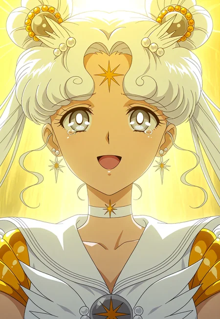 masterpiece, best quality, Sailor Cosmos, 1girl, solo, choker, white choker, sailor collar, white sailor collar, brooch, jewelry, sailor senshi uniform, magical girl, double bun, twintails, hair bun, white hair, forehead mark, facial mark, long hair, backlighting, smile, hair ornament, earrings, upper body, anime coloring, grey eyes, open mouth, tears