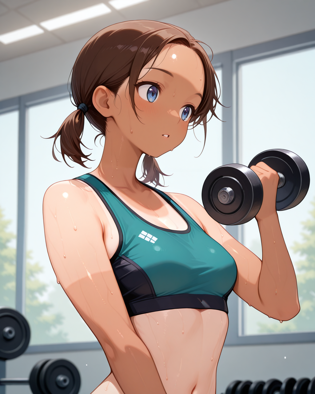 masterpiece,best quality,highres illustration,detailed face,1girl,upper body,<lora:nb_tanlines_ILv2:1.2>,tanlines,sweat,sports bra,holding dumbbell,dumbbell,parted lips,forehead,brown hair,short twintails,gym,