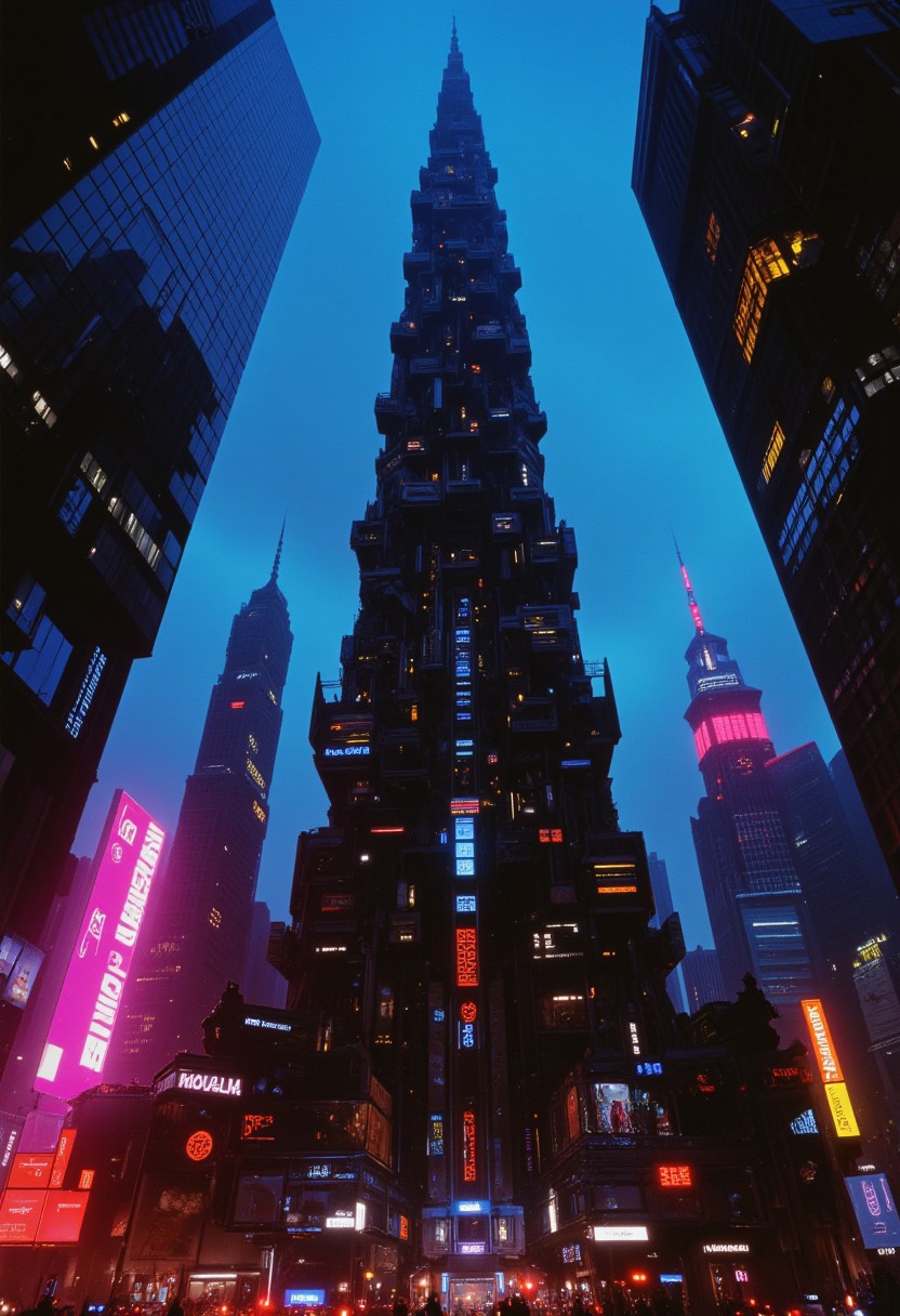 highest details, ultra hyper realism. highly detailed and realistic. intricate and highly professional artwork, an absolute masterpiece.
photo of a complex gigantic science fiction skyscraper reaching into the sky at night, in the (style of  patchwork surreal collage:1.6), polygon mesh, jagged, blocky, wireframe edges, centered composition, limited dark palette, unusual colors, atmospheric haze, highly dramatic ambient lighting.
color haze, atmospheric fog, digital corruption, washed-out background, desaturated world, bleached dystopia, monochromatic with vibrant color pops, flickering neon fractures, and glitching light pulses.