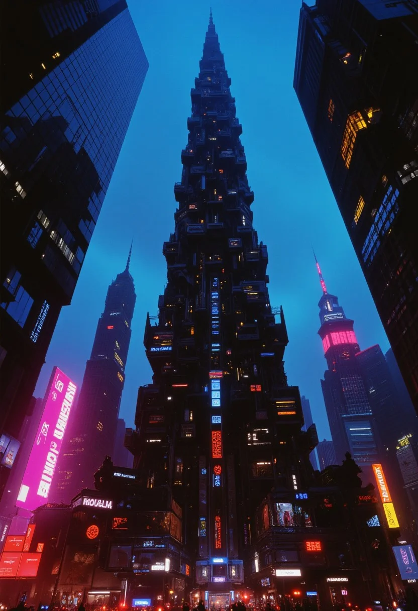 highest details, ultra hyper realism. highly detailed and realistic. intricate and highly professional artwork, an absolute masterpiece.
photo of a complex gigantic science fiction skyscraper reaching into the sky at night, in the (style of  patchwork surreal collage:1.6), polygon mesh, jagged, blocky, wireframe edges, centered composition, limited dark palette, unusual colors, atmospheric haze, highly dramatic ambient lighting.
color haze, atmospheric fog, digital corruption, washed-out background, desaturated world, bleached dystopia, monochromatic with vibrant color pops, flickering neon fractures, and glitching light pulses.