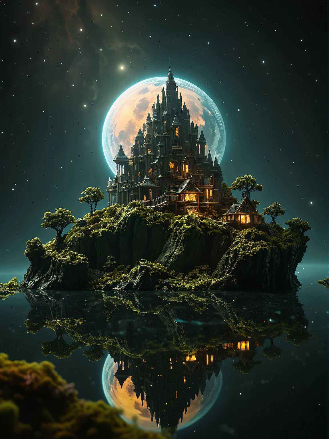 a fractal miniature fantasy landscape floating freely in space, mystic, RAW photo, hd, dramatic lighting, low light <lora:add-detail-xl:2> Low-key lighting Style <lora:Low-key lighting Style:0.8>