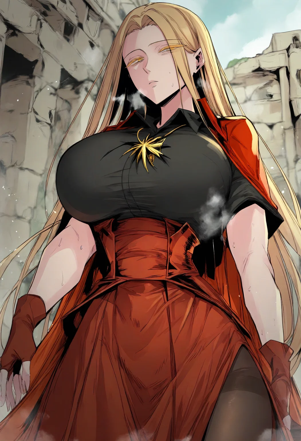 score_9, score_8_up, score_7_up, score_6_up, source_anime, rating_explicit, 1girl, solo, huge breasts, <lora:Victoria prefectPonyxl:1> blonde hair, long hair, yellow eyes, colored eyelashes, red cape, necklace, black shirt, collared shirt, medallion, short sleeves, red gloves, fingerless gloves, red skirt, high-waist skirt, black pantyhose, expressionless, parted lips, Narrow shoulders, heavy breathing, steaming body, ruins, outdoors, looking at viewer, (close-up:1.1)