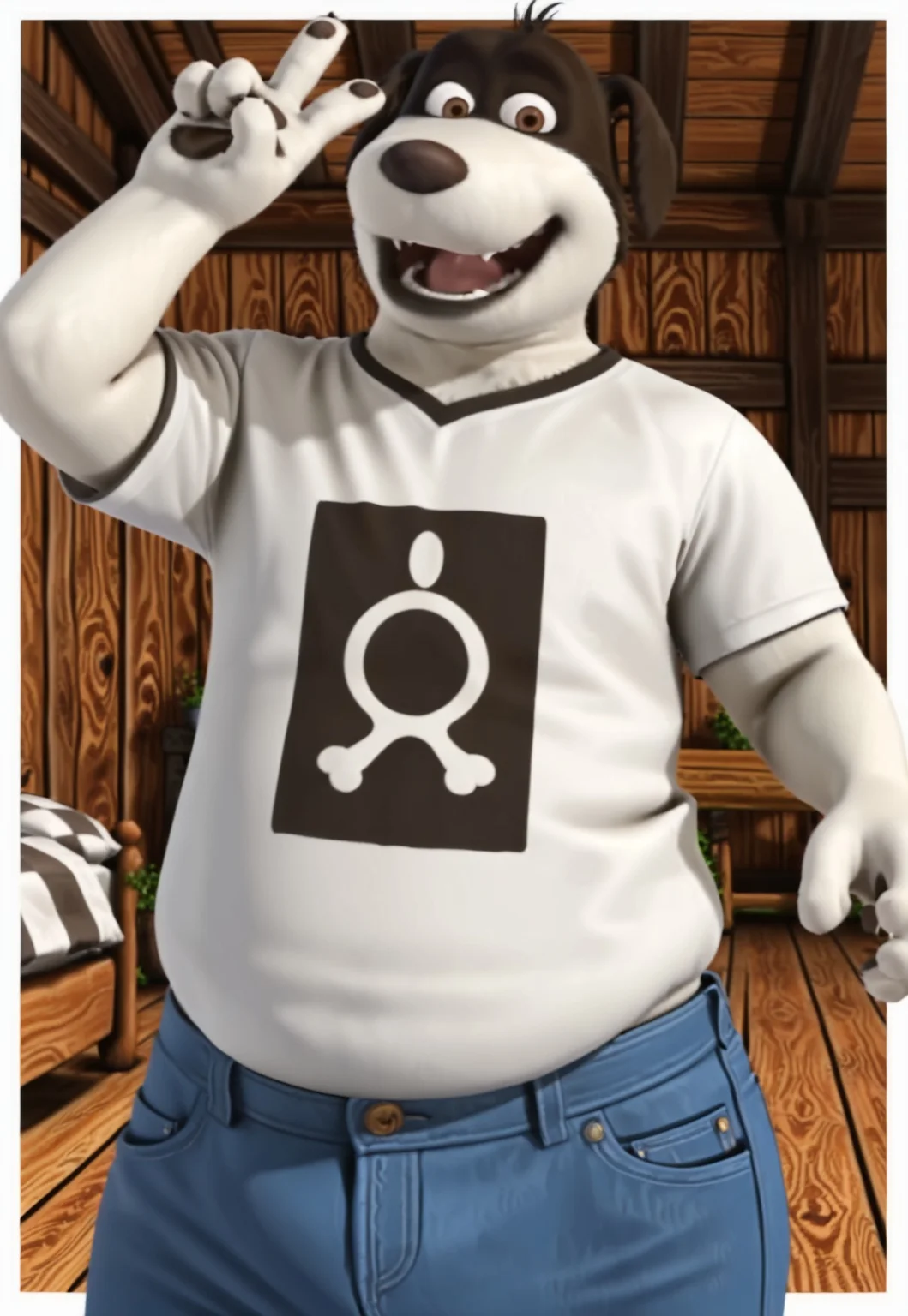 1boy, solo, 2d, cartoon, black outlines, cel shaded, looking at viewer, canine, dog, border collie, semi-anthro, perfect anatomy, ((black/white fur)), brown eyes, floppy ears, black nose, , plump bottom lip, black bottom lip, ((chubby)), male, thick thighs, big butt, massive thighs, ((checkered shirt, blue jeans)), standing, peace sign, half body, front view, right angle, (((happy, smiling)), open mouth, indoors, farmhouse, front view, right angle, detailed face, perfect face, masterpiece, absurdres, intricate detail, very aesthetic,