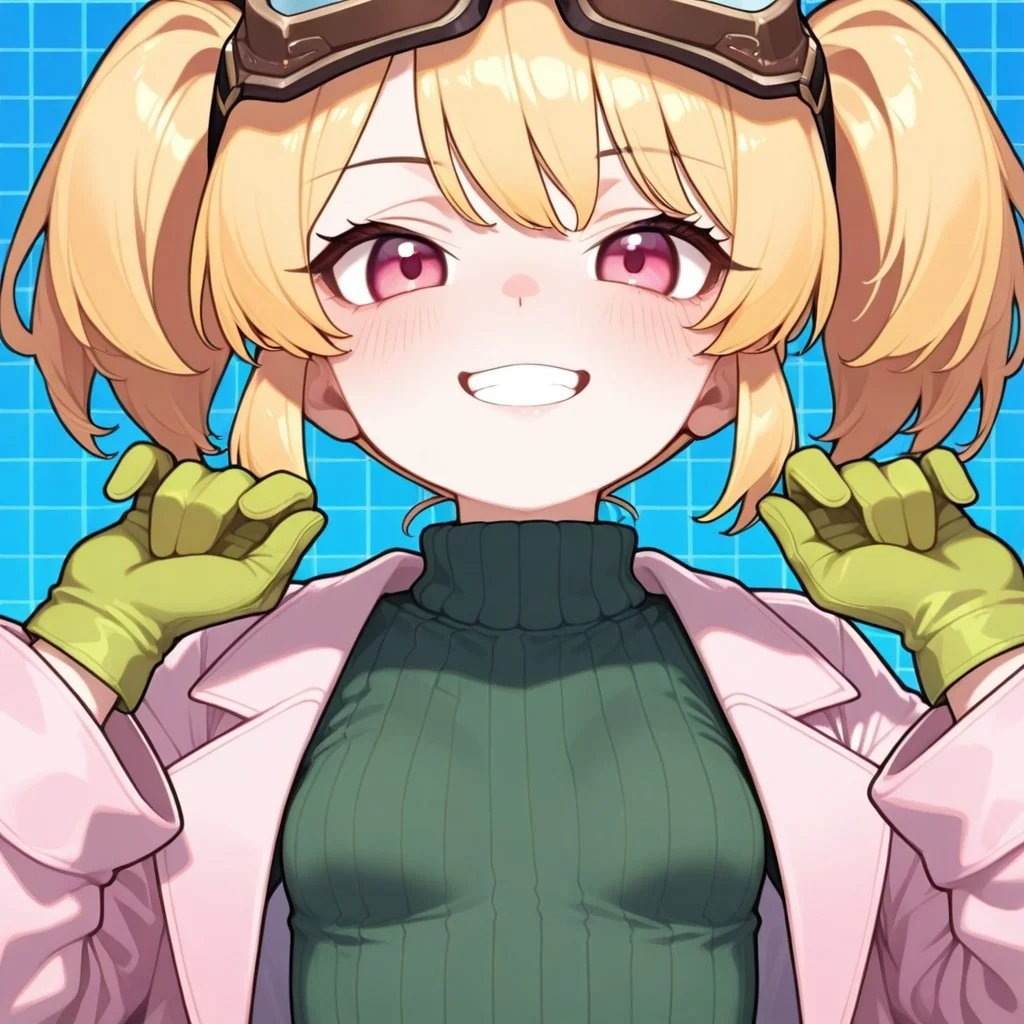(1girl, pink eyes, blonde hair, gloves, twintails, short twintails, goggles, turtleneck sweater, green sweater, pink labcoat, labcoat, green gloves, small breasts, petite), solo, looking at viewer, (portrait), straight-on, blue background, grid background, clenched teeth, smile, hands up,