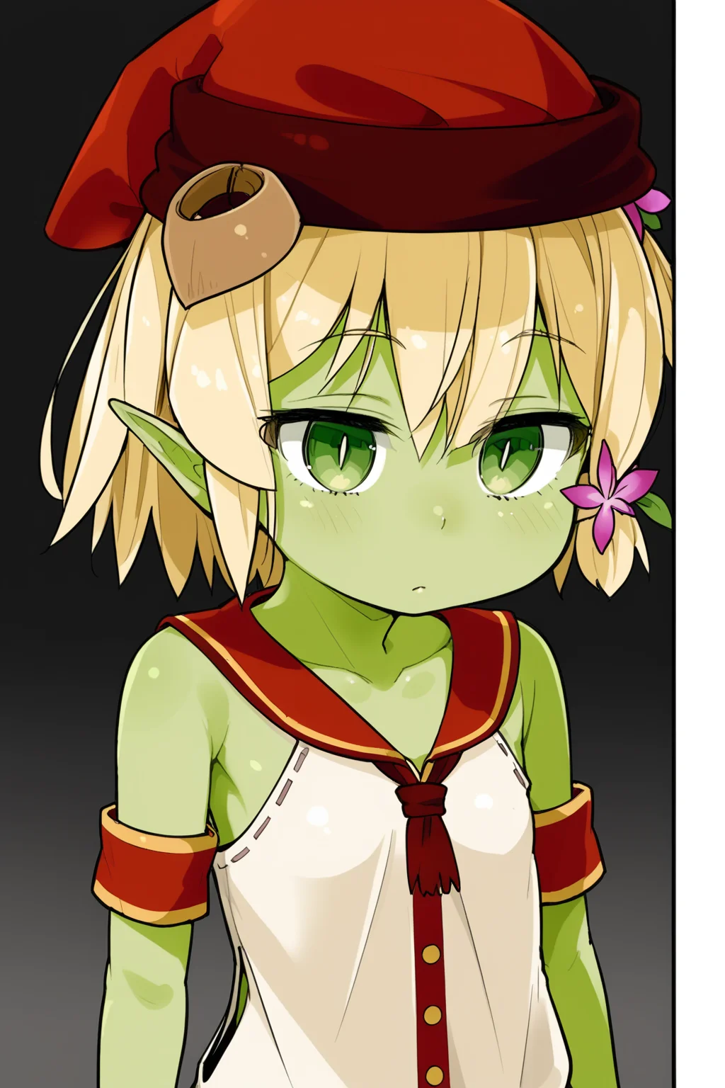 wasabi,yellow hair,green eyes,green skin,colored skin,pointy ears,goblin girls,red hat,1girl,solo,flower,short hair,<lora:wasabi:0.7>,cowboy shot,