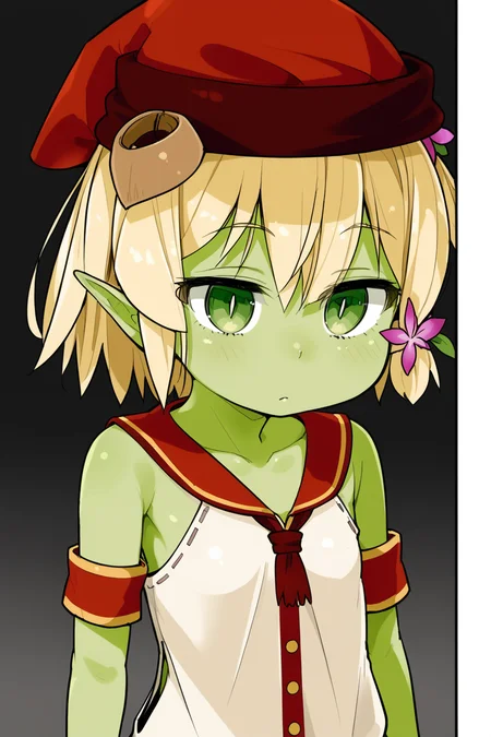 wasabi,yellow hair,green eyes,green skin,colored skin,pointy ears,goblin girls,red hat,1girl,solo,flower,short hair,<lora:wasabi:0.7>,cowboy shot,