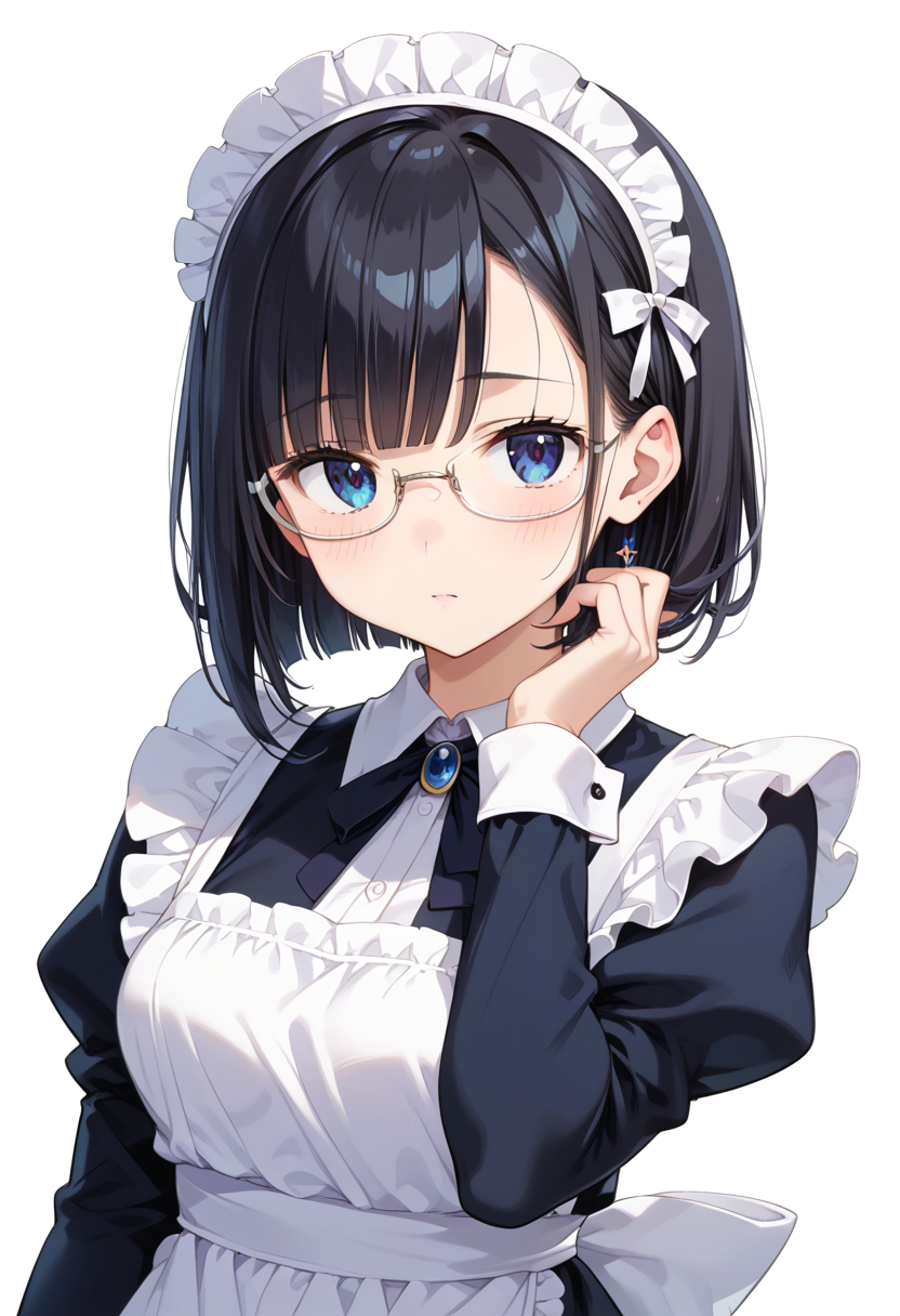 score_9, score_8_up, score_7_up, rating_safe, masterpiece, best quality, absurdres, unity 8k wallpaper, official art, official style, source_anime, uncensored, game cg, megami magazine,
1girl, solo, black hair, medium hair, upper body, covered eyes,maid, maid headdress, black dress, maid apron, face focus,
underrim_metal, glasses, still life, white background, simple background, under-rim eyewear, white-framed eyewear, 
 <lora:glasses_underRimMetal_PONY_V1:1>