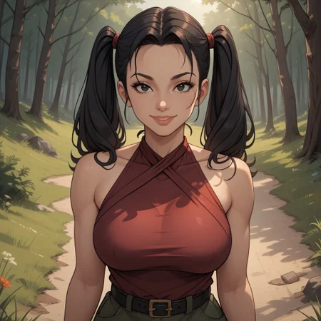 score_9, score_8, BREAK, solo, black hair, twintails, black eyes, long hair, lips, burgundy red shirt, halterneck, green short, black belt, burgundy red sandals, Heather_(Total_DramaRama), cute, tall, adult female, mature female, big breasts, sexy pose, self portrait, smile, looking at viewer, outdoors, sunlight, shadows, evening lighting, natural lighting, forest, trees, grass, orange sky, sunset