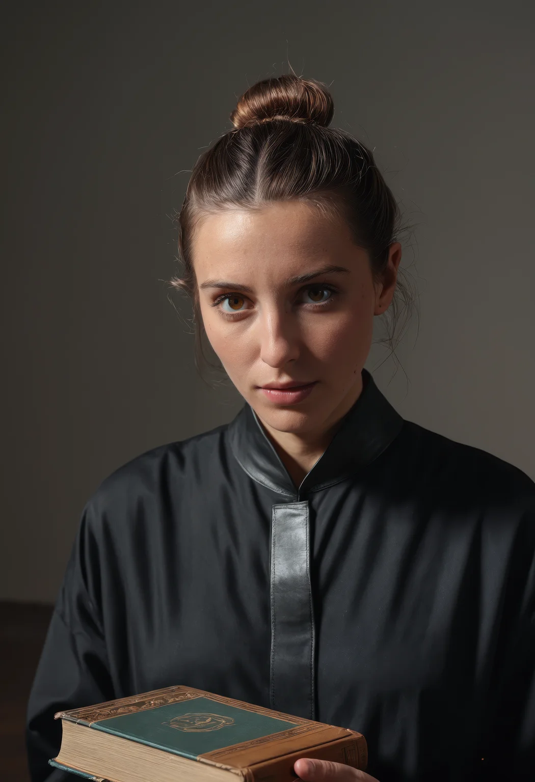 cinematic photo of a Belgian woman, study with leather-bound books, wearing floor-length long sleeve abaya-style dress with minimal detailing, low messy bun with pencil, modest face expression, dynamic angle, sdxl_cyberpositive_photo